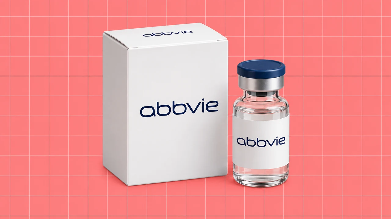 Ilustração editorial 3D: Embalagens de medicamento com a marca AbbVie sobre grelha coral.