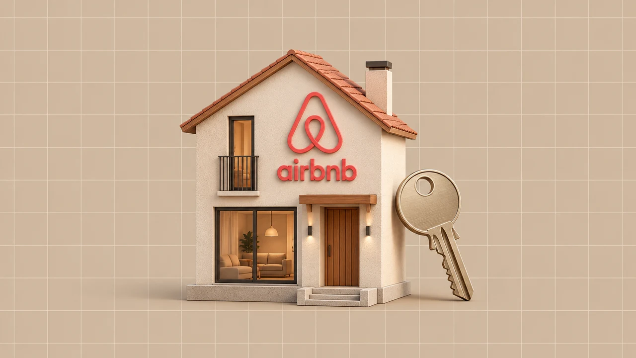 Casa com a marca Airbnb e chave metálica sobre fundo bege quadriculado.