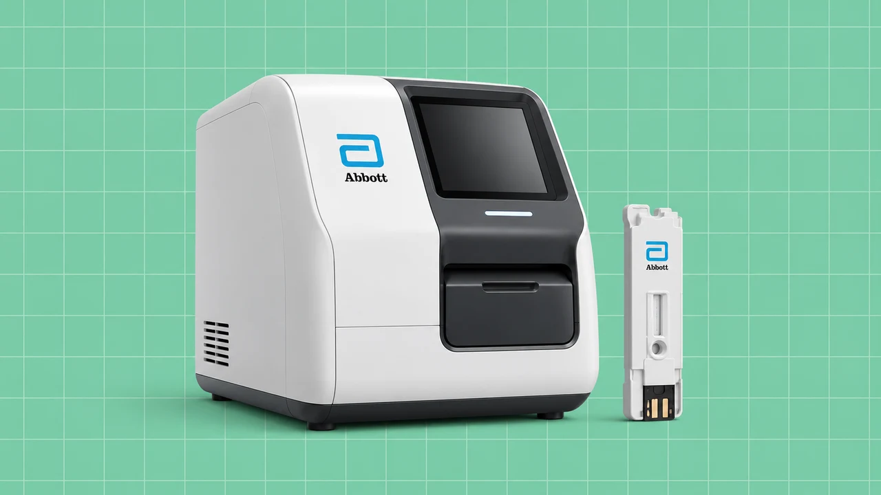 Analisador de diagnóstico com o logótipo Abbott e cartucho de teste sobre fundo verde quadriculado.