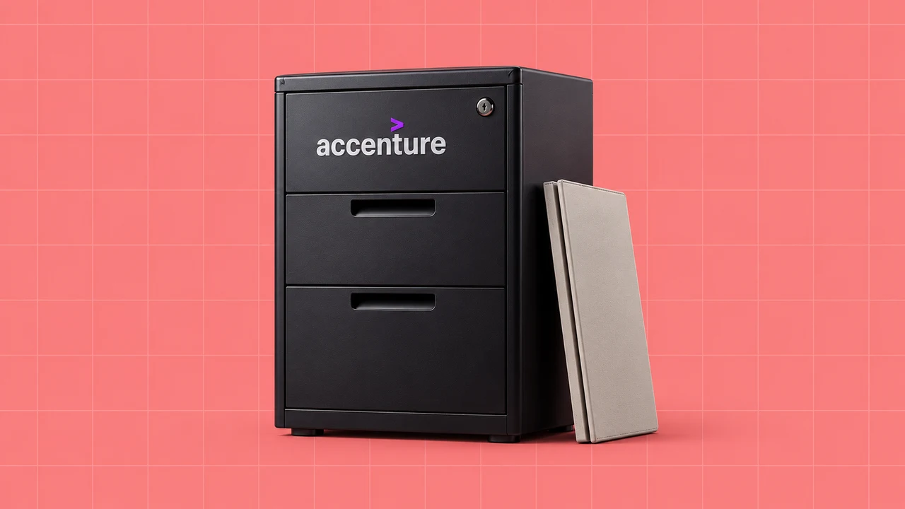 Dossiê de projeto com o símbolo Accenture sobre fundo coral quadriculado.