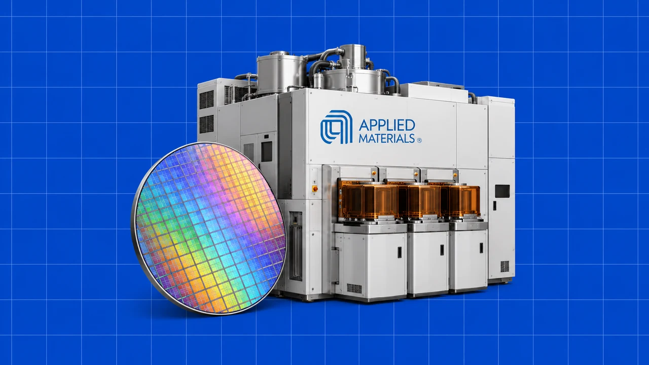 Ilustração editorial 3D: Equipamento de produção e wafer com a marca Applied Materials sobre grelha azul.