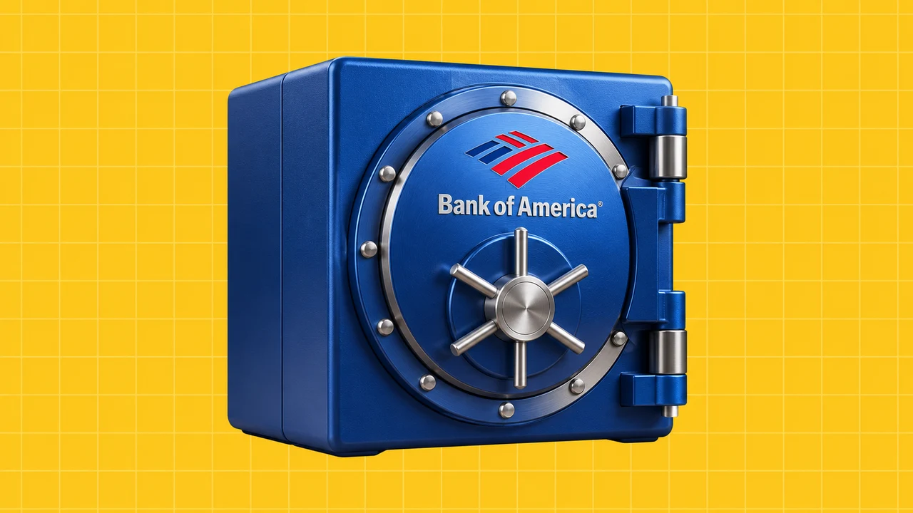 Ilustração editorial 3D: Cofre com o logótipo do Bank of America sobre grelha amarela.