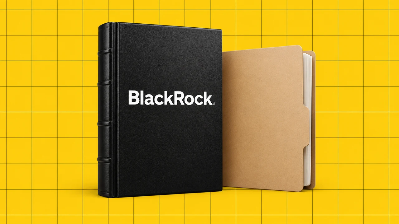 Livro de contas e pasta com o logótipo da BlackRock, numa ilustração editorial 3D sobre grelha amarela.