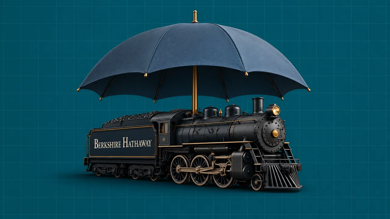 Locomotiva com o logótipo da Berkshire Hathaway e guarda-chuva, numa ilustração editorial 3D sobre grelha teal.