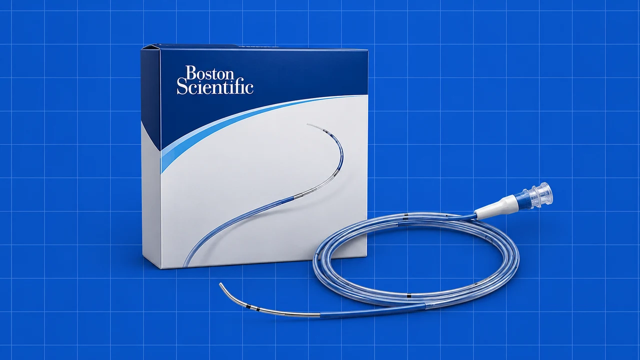 Dispositivo e embalagem de cateter com o logótipo Boston Scientific sobre fundo azul quadriculado.