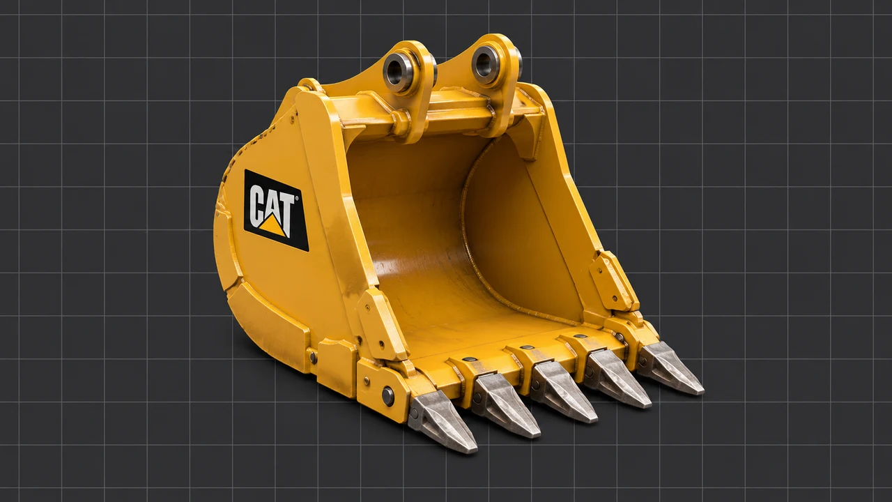 Ilustração editorial 3D: Balde de escavadora com o logótipo CAT sobre grelha cinzenta.