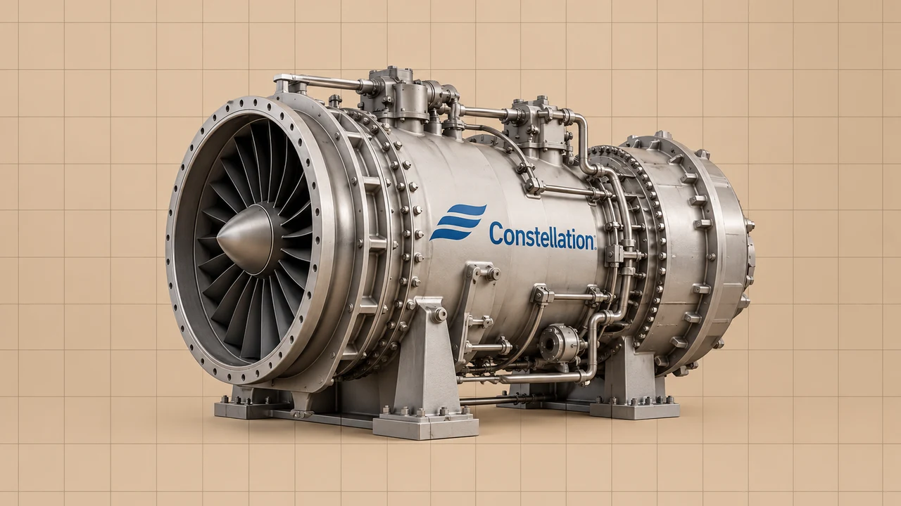 Turbina industrial com o logótipo Constellation Energy sobre fundo bege quadriculado.
