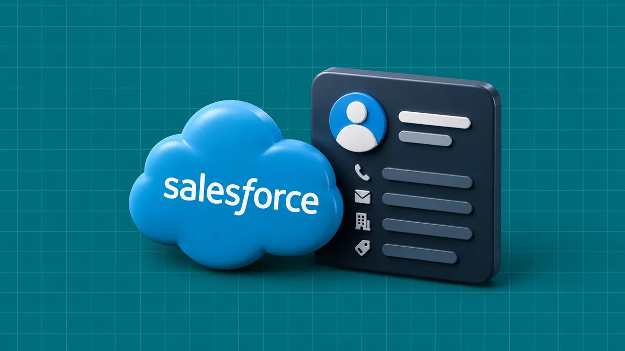 Cloud com o logótipo da Salesforce e painel de contactos, numa ilustração editorial 3D sobre grelha teal.