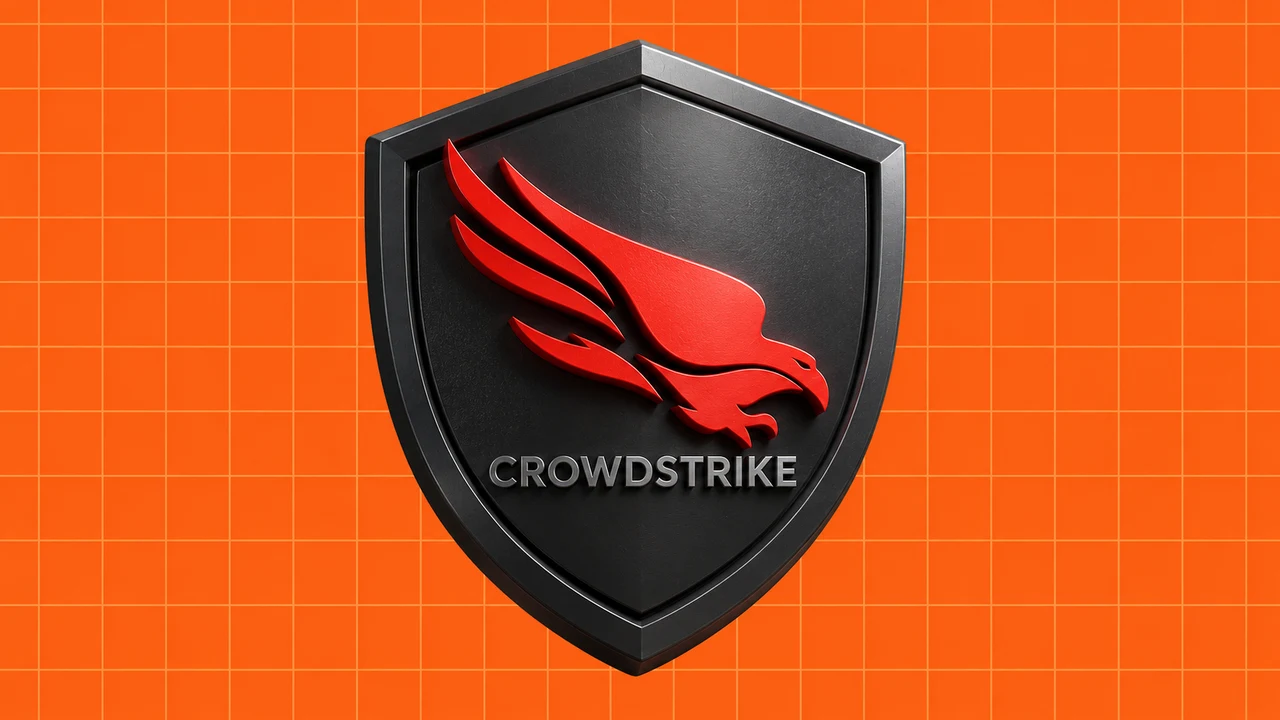 Ilustração editorial 3D: Escudo com o falcão da CrowdStrike sobre grelha laranja.