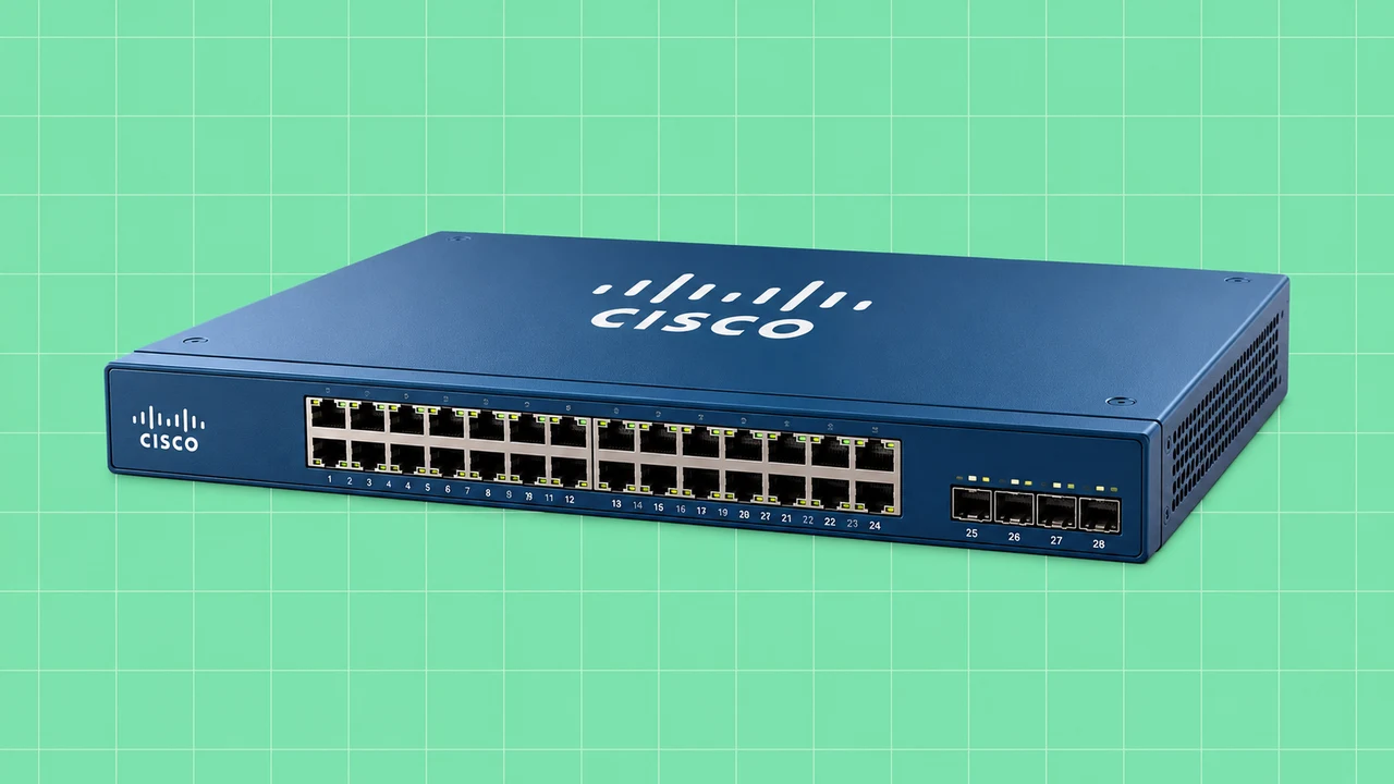 Ilustração editorial 3D: Equipamento de rede com o logótipo Cisco sobre grelha verde.