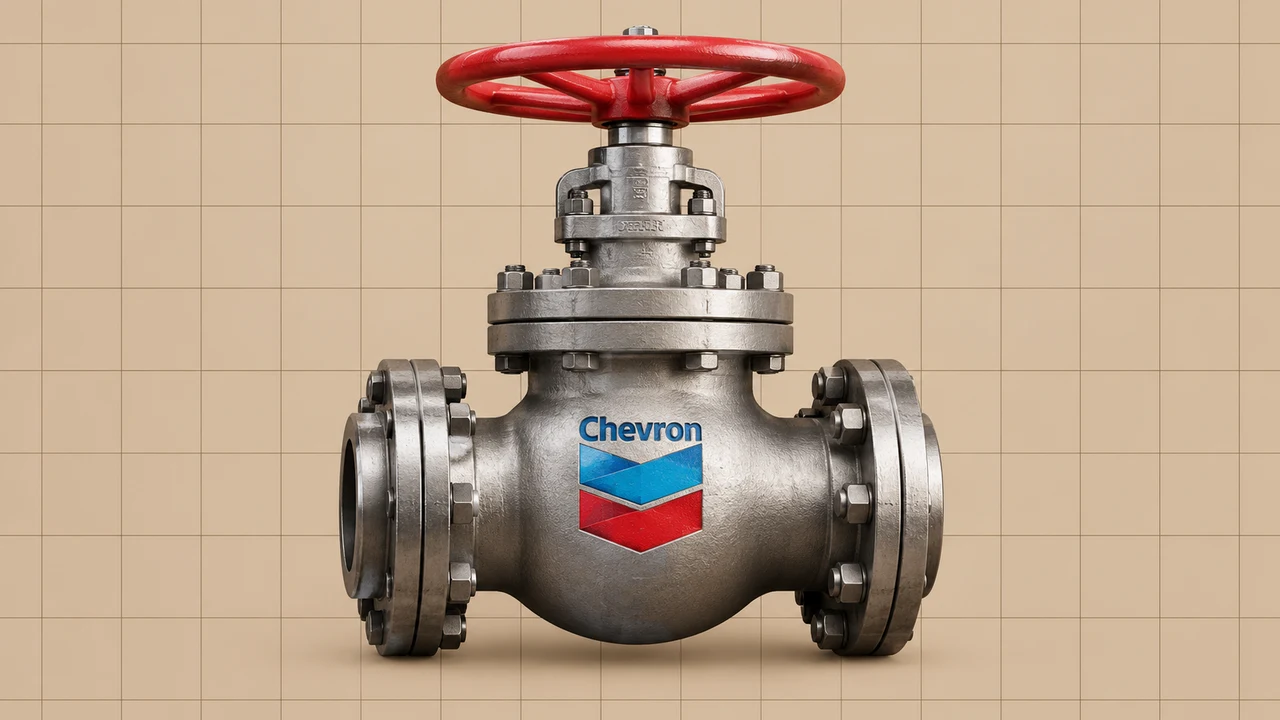Válvula industrial com o logótipo da Chevron, numa ilustração editorial 3D sobre grelha bege.