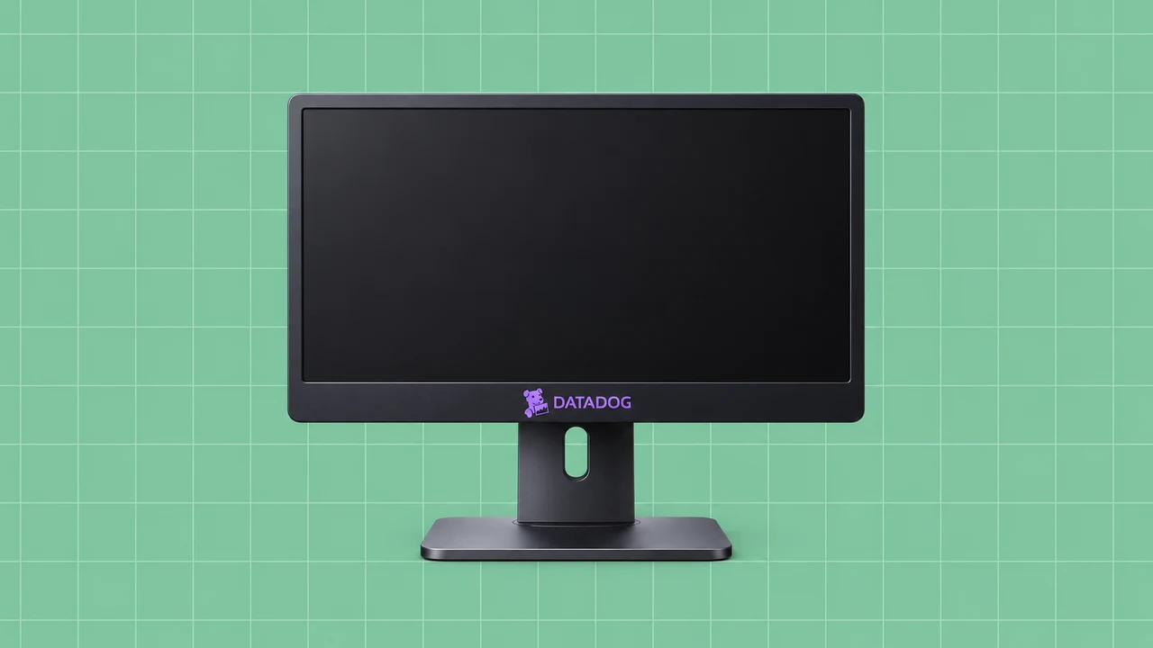 Consola de monitorização com o logótipo Datadog sobre fundo verde quadriculado.