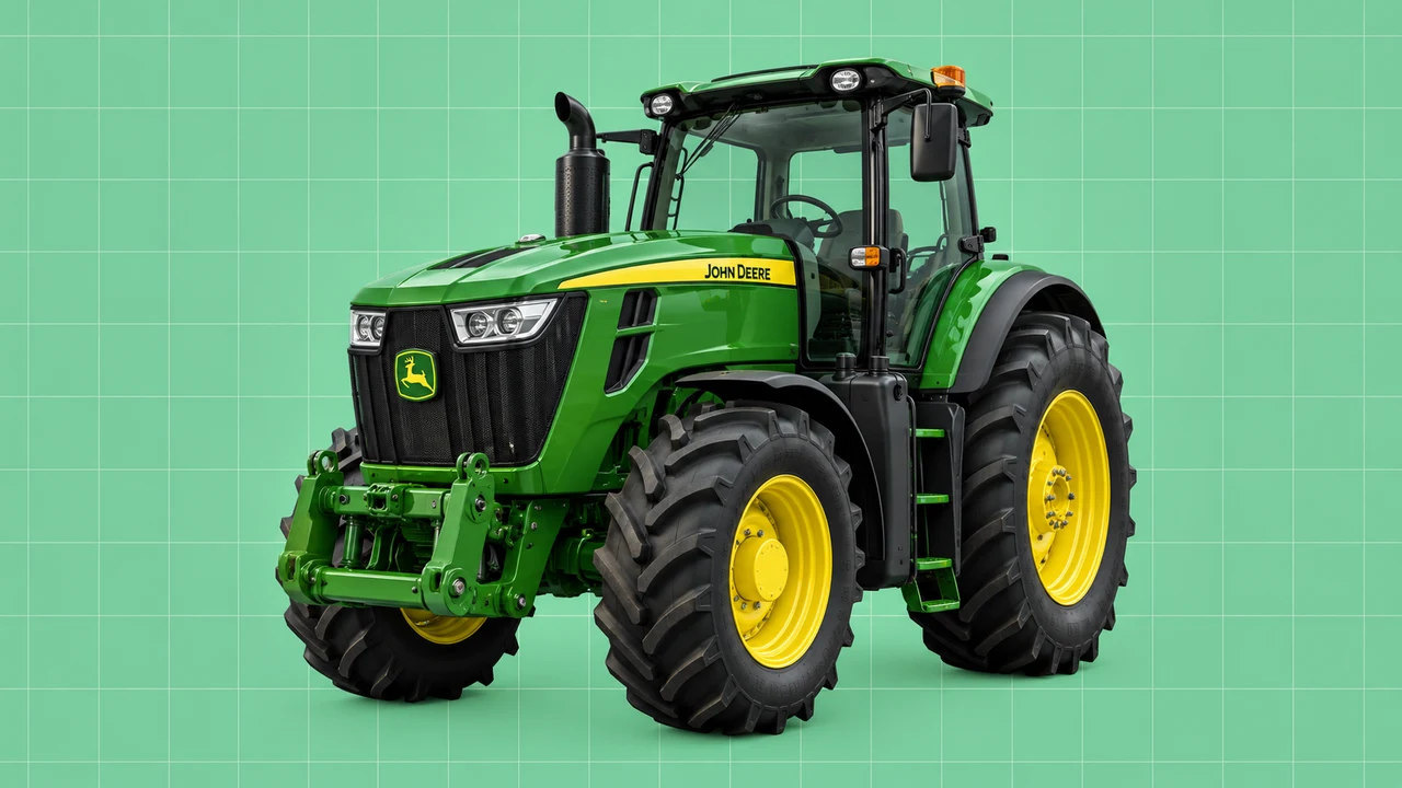Trator com o logótipo da John Deere, numa ilustração editorial 3D sobre grelha verde.