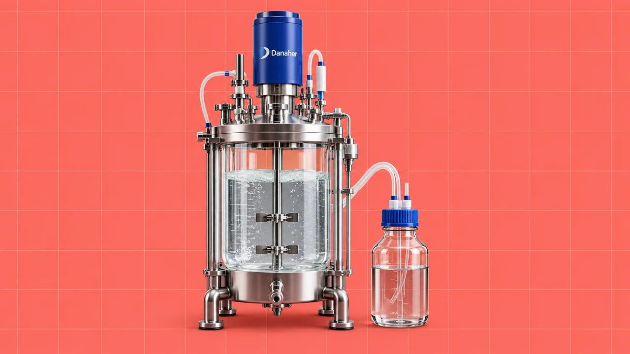 Equipamento de produção biológica com o logótipo Danaher e frasco de reagente sobre fundo coral quadriculado.