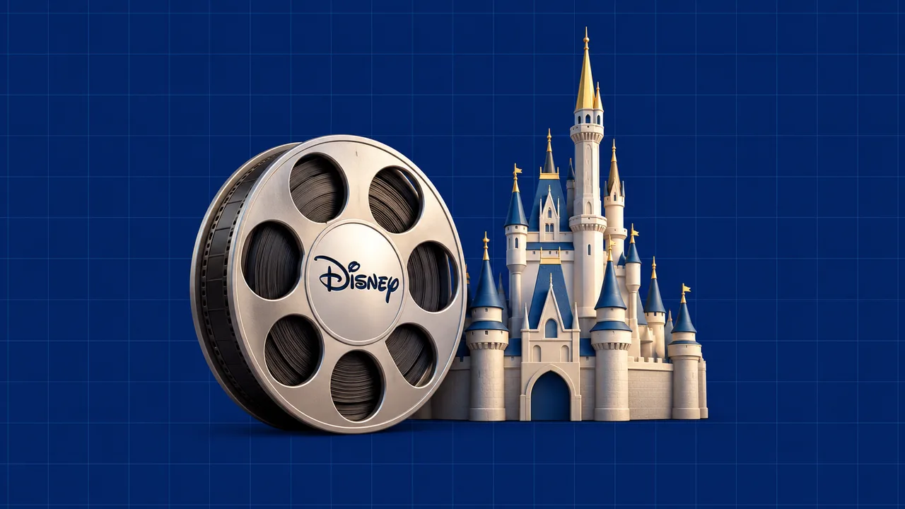 Bobina de filme com o logótipo da Disney e castelo, numa ilustração editorial 3D sobre grelha azul escura.