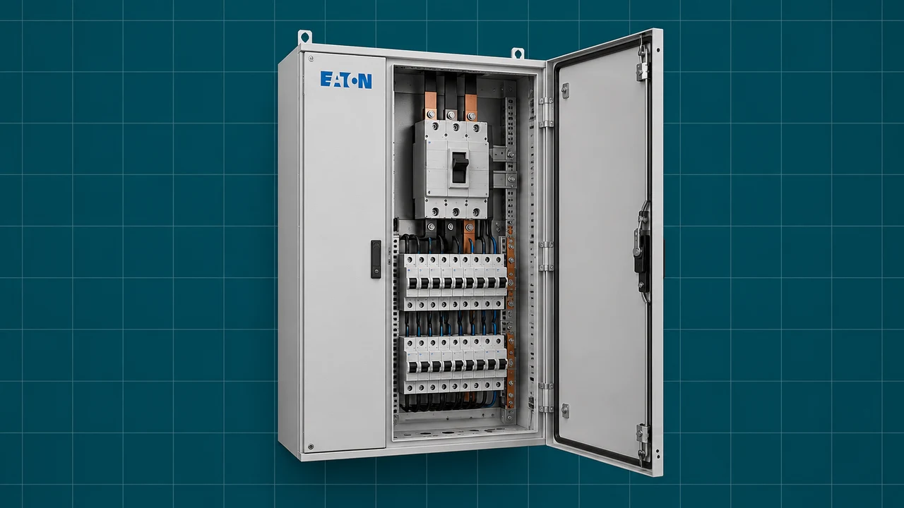 Quadro elétrico com o logótipo Eaton sobre fundo verde azulado quadriculado.