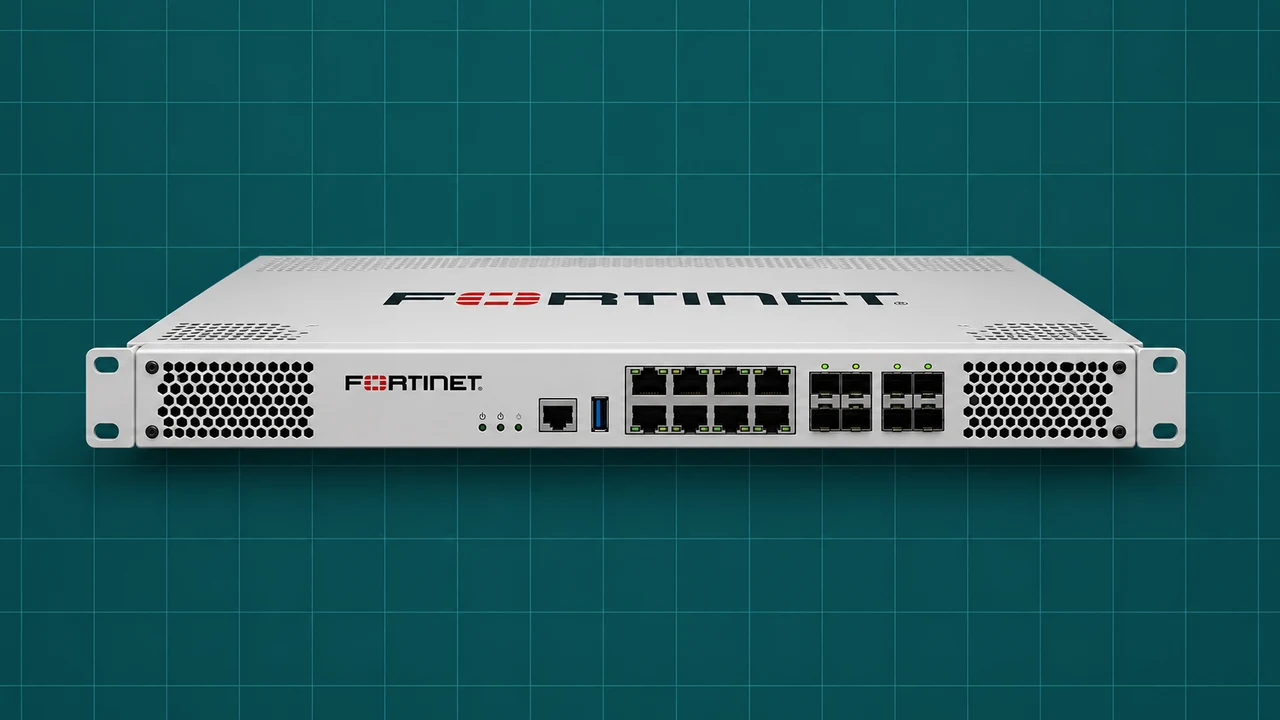 Equipamento de segurança com o logótipo Fortinet sobre fundo verde azulado quadriculado.