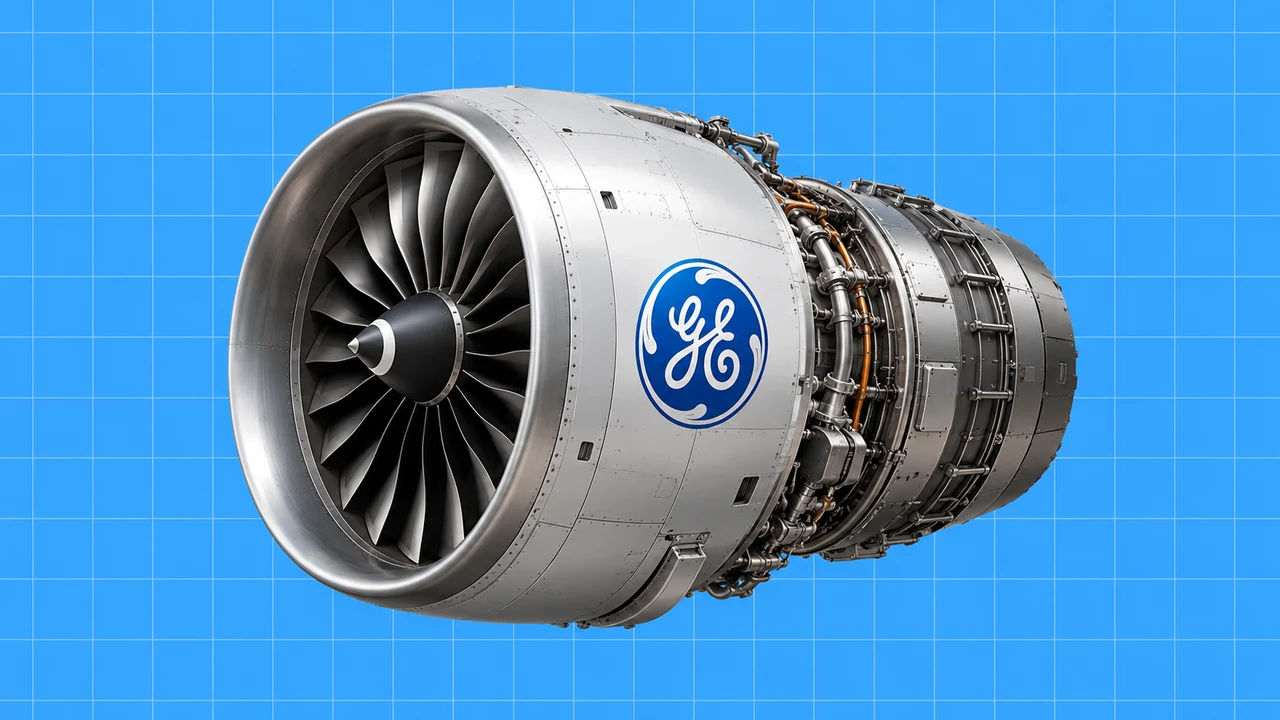 Ilustração editorial 3D: Motor de avião com o logótipo da GE Aerospace sobre grelha azul.