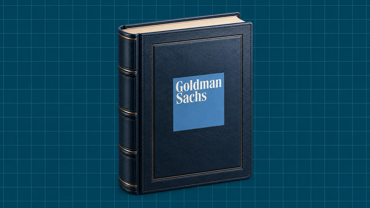Ilustração editorial 3D: Livro de contas com o logótipo da Goldman Sachs sobre grelha teal.