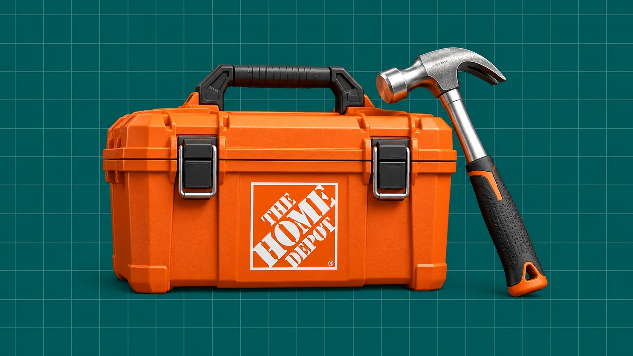 Ilustração editorial 3D: Caixa de ferramentas Home Depot e martelo sobre grelha teal.