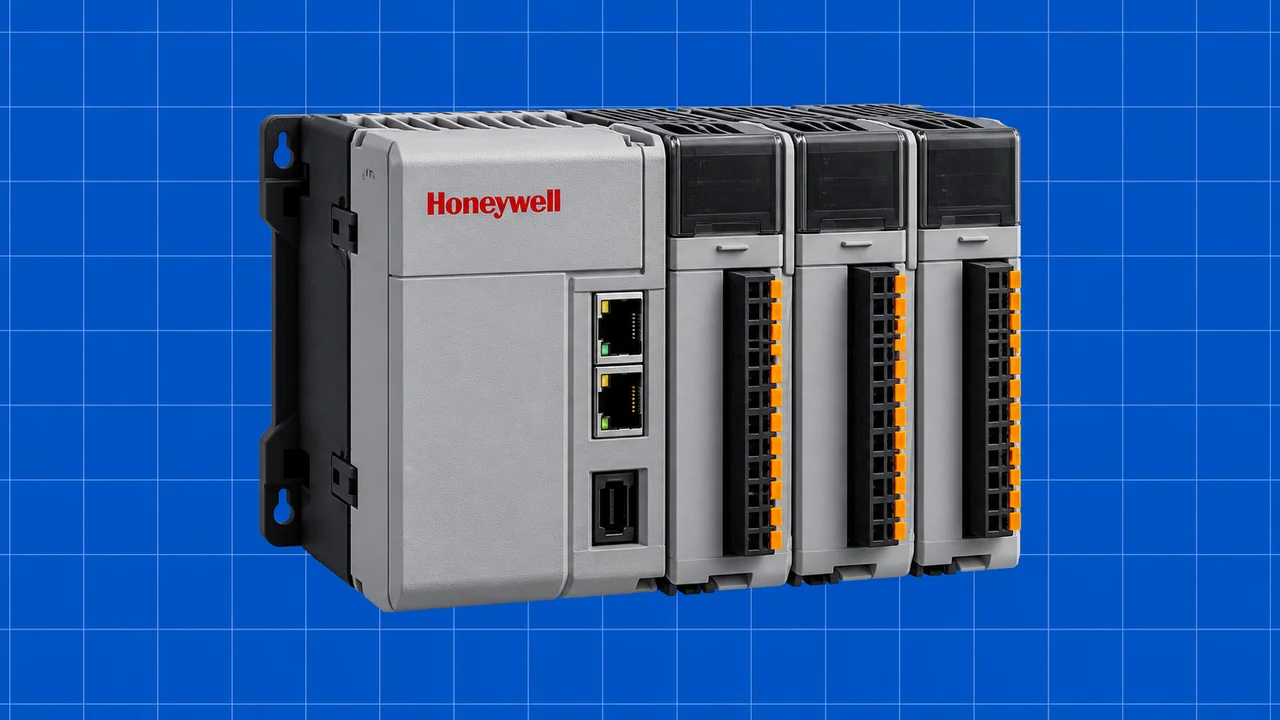 Armário de controlo industrial com o logótipo da Honeywell, numa ilustração editorial 3D sobre grelha azul.