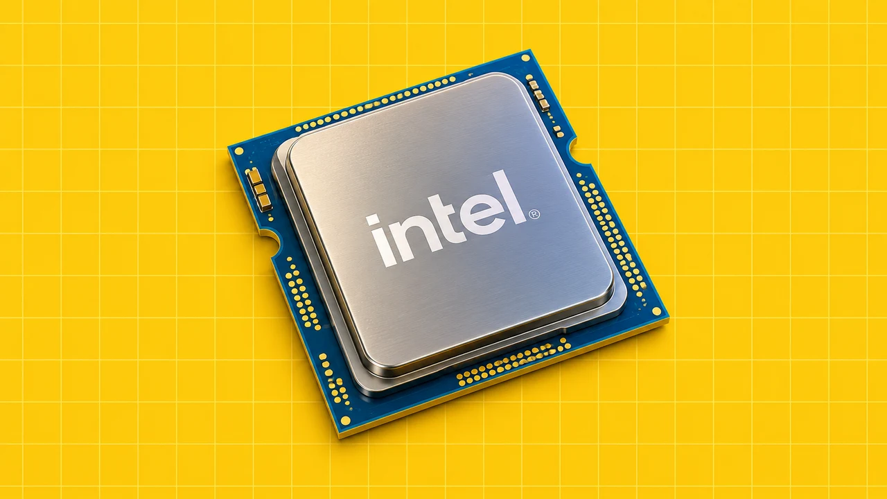 Ilustração editorial 3D: Chip com a marca Intel sobre grelha amarela.