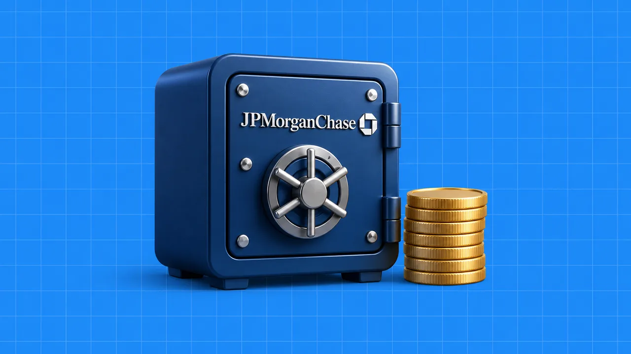 Cofre com o logótipo da JPMorgan Chase e moedas, numa ilustração editorial 3D sobre grelha azul.