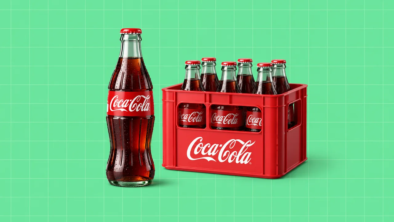 Garrafa e caixa de distribuição com o logótipo da Coca-Cola, numa ilustração editorial 3D sobre grelha verde.