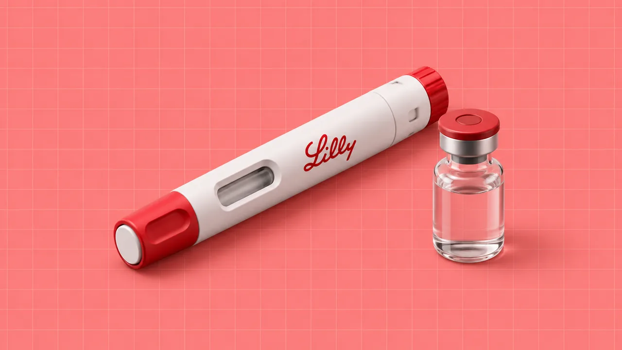 Caneta de medicamento com o logótipo da Lilly e frasco, numa ilustração editorial 3D sobre grelha coral.