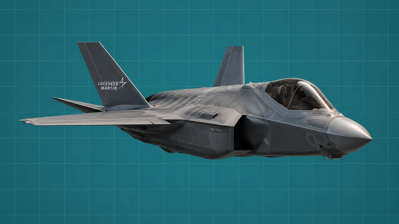 Avião militar com o logótipo da Lockheed Martin, numa ilustração editorial 3D sobre grelha teal.