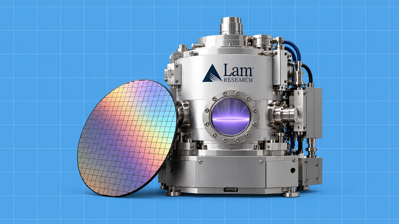 Wafer e câmara metálica de fabrico com o logótipo Lam Research sobre fundo azul quadriculado.