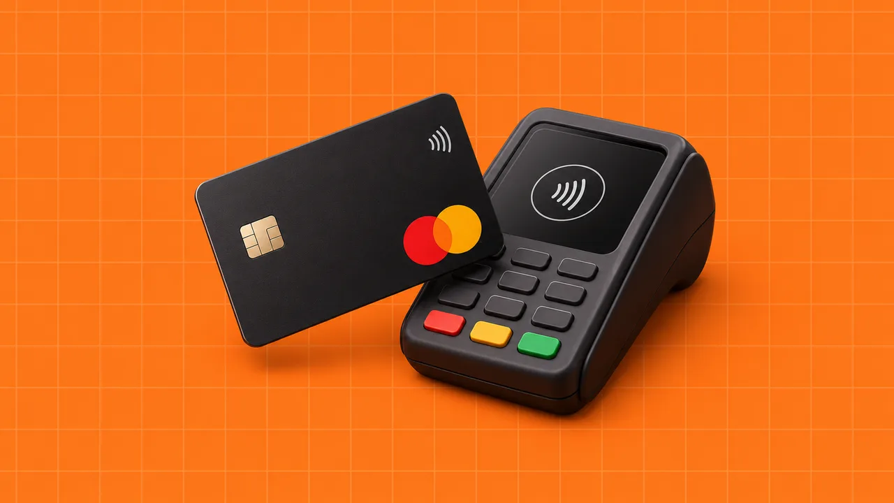 Cartão com o logótipo da Mastercard e terminal de pagamento, numa ilustração editorial 3D sobre grelha laranja.