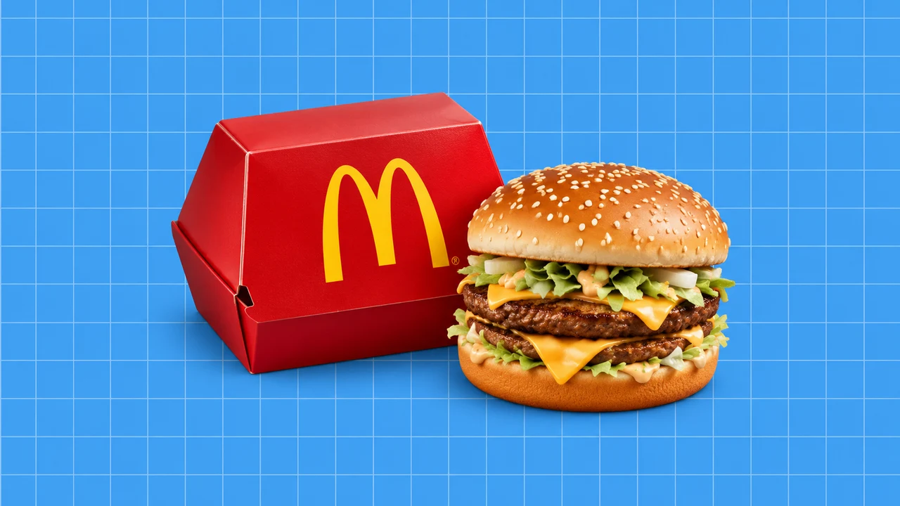 Ilustração editorial 3D: Hambúrguer e embalagem com os arcos da McDonald’s sobre grelha azul.