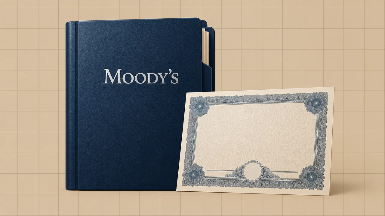 Dossiê de crédito com o logótipo Moody’s e documento de dívida sobre fundo bege quadriculado.