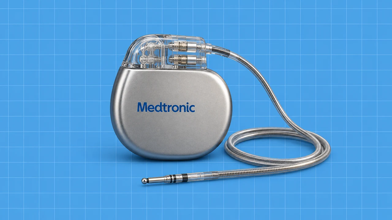 Dispositivo cardíaco e cabo com o logótipo da Medtronic, numa ilustração editorial 3D sobre grelha azul.