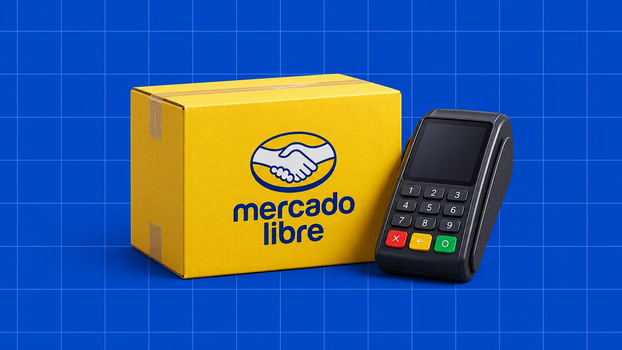 Encomenda amarela com o logótipo Mercado Libre e terminal de pagamento sobre fundo azul quadriculado.