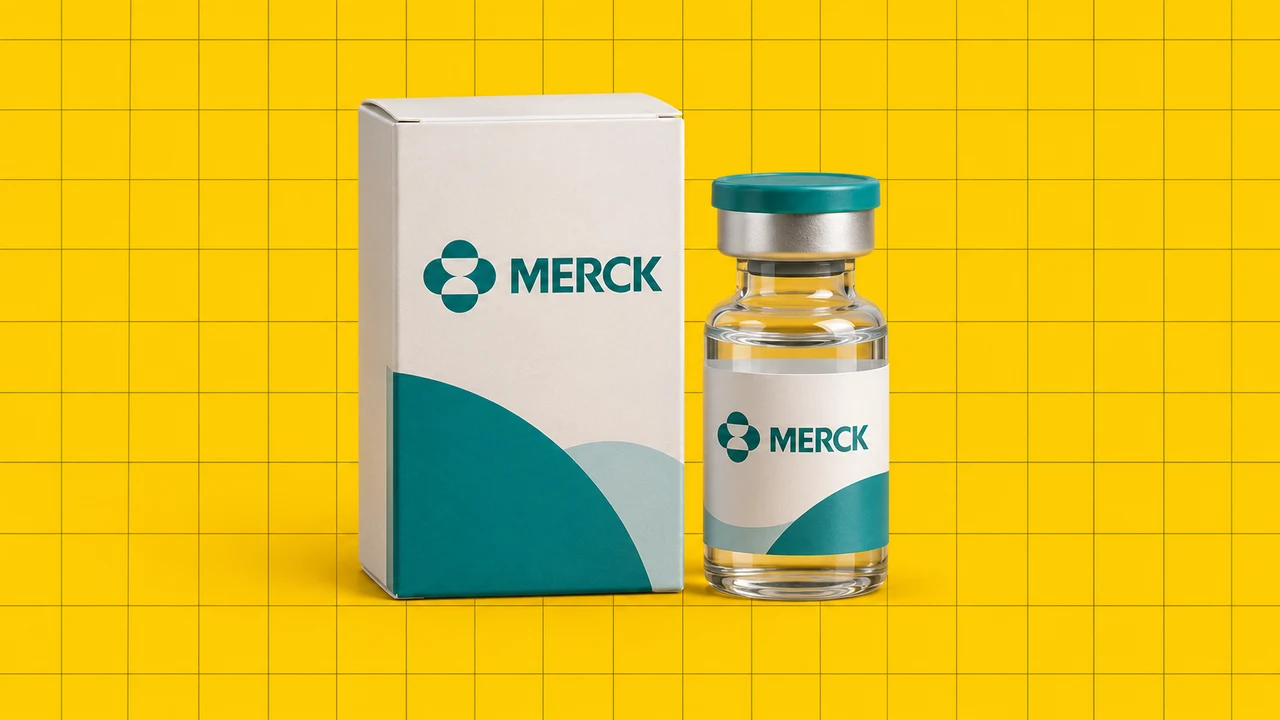 Frasco e embalagem com o logótipo da Merck, numa ilustração editorial 3D sobre grelha amarela.