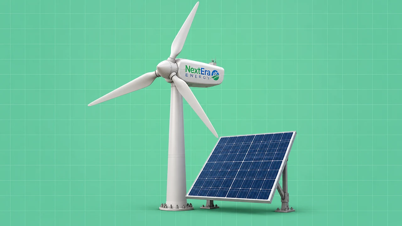 Turbina eólica com o logótipo NextEra Energy e painel solar sobre fundo verde quadriculado.