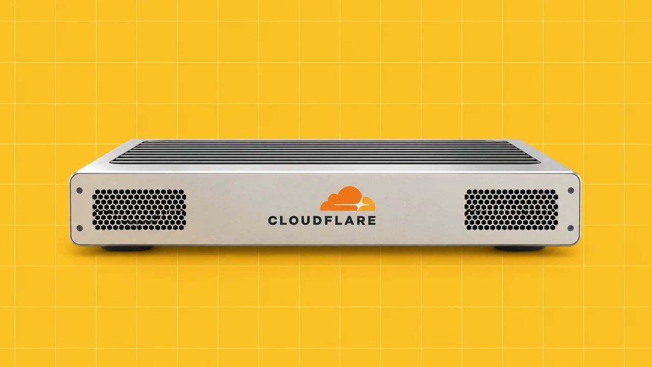 Equipamento de rede com o logótipo Cloudflare sobre fundo amarelo quadriculado.