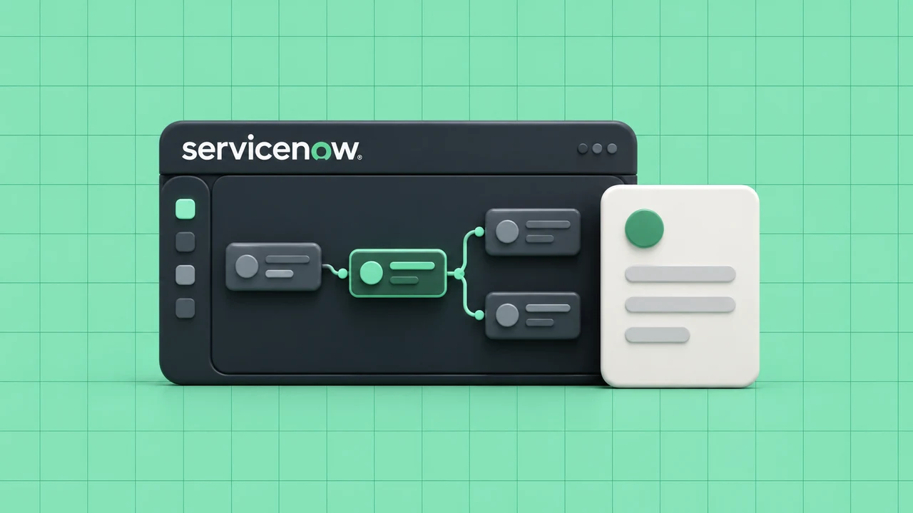 Painel de tarefas com a marca ServiceNow e cartão de serviço sobre fundo verde quadriculado.