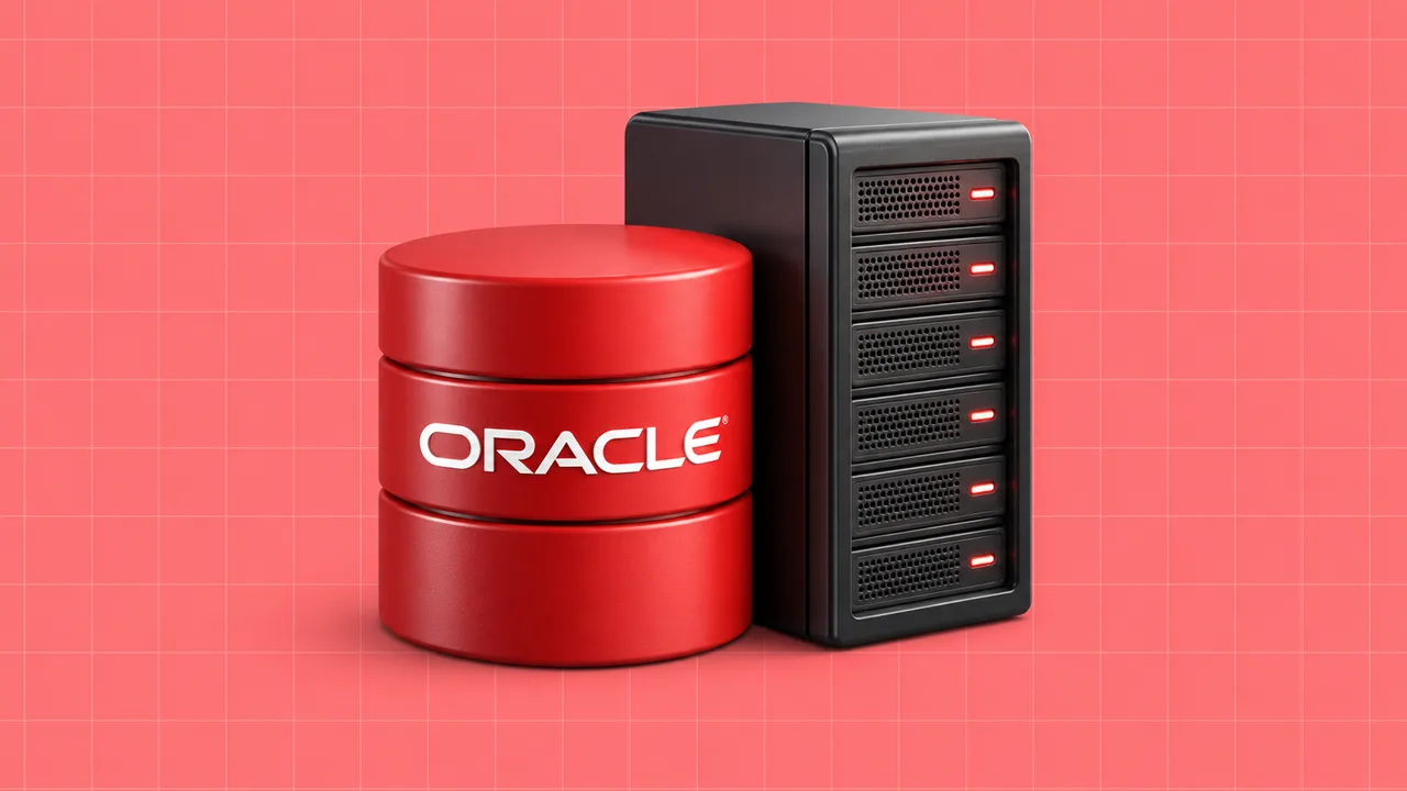 Base de dados com o logótipo da Oracle e servidor, numa ilustração editorial 3D sobre grelha coral.