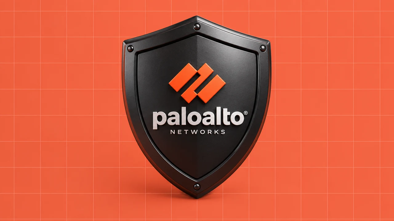 Escudo preto com o logótipo Palo Alto Networks sobre fundo laranja quadriculado.