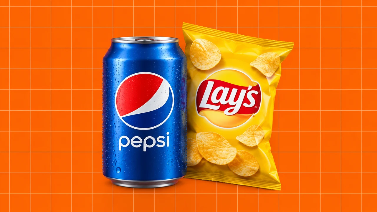 Ilustração editorial 3D: Lata Pepsi e embalagem de Lay’s sobre grelha laranja.