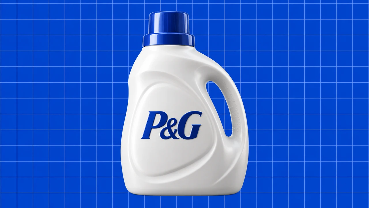 Ilustração editorial 3D: Embalagem de detergente com a marca P&G sobre grelha azul.