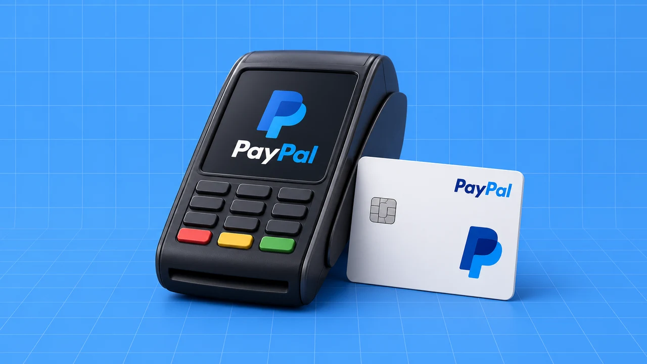 Ilustração editorial 3D: Terminal de pagamento e cartão com a marca PayPal sobre grelha azul.