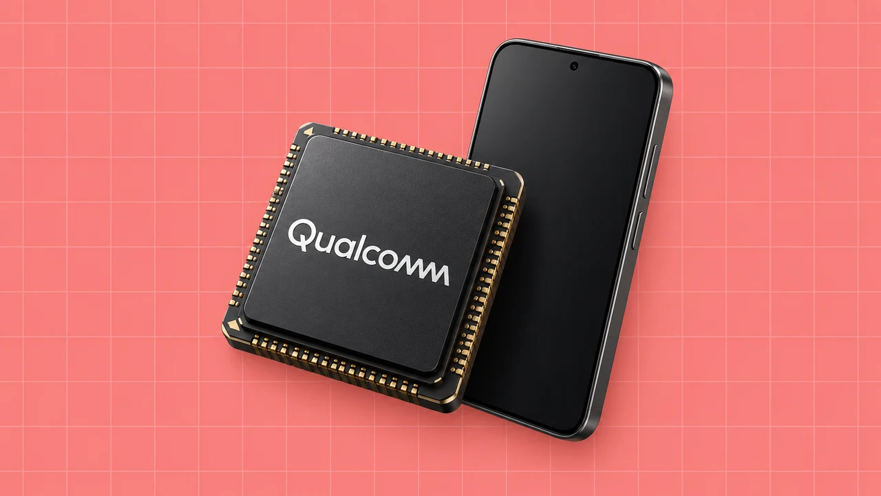 Ilustração editorial 3D: Chip com a marca Qualcomm e smartphone sobre grelha coral.
