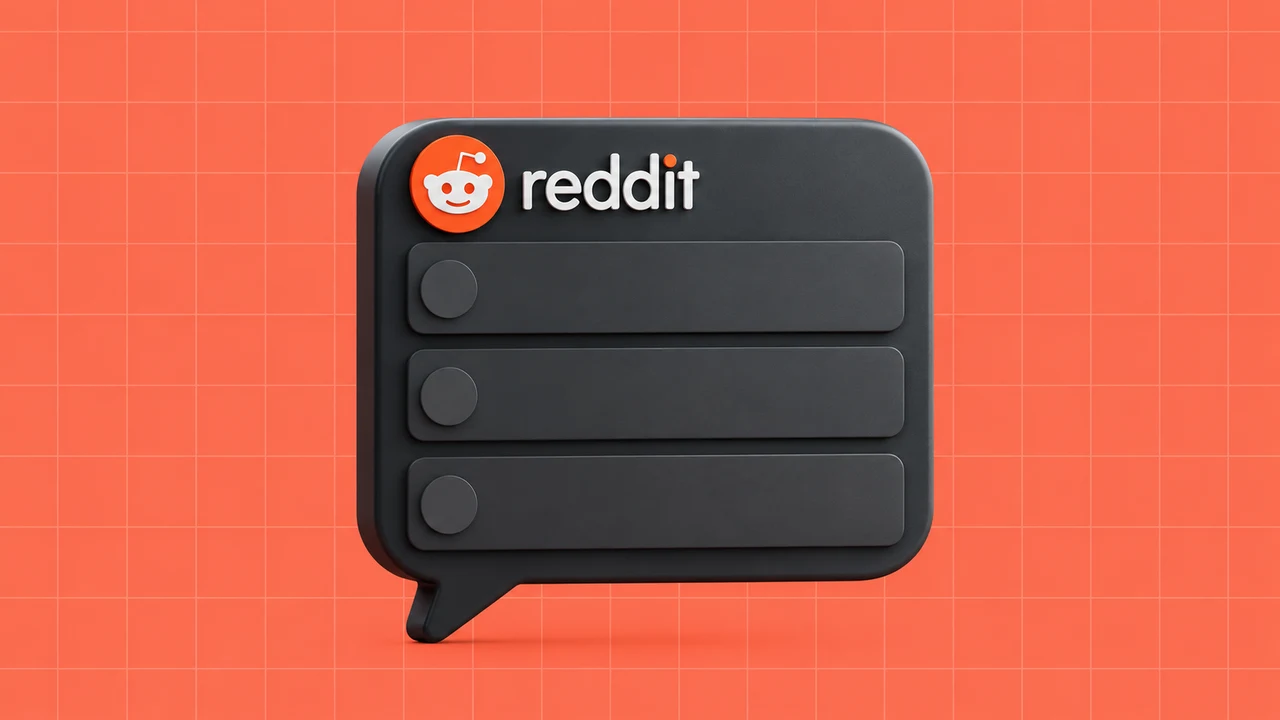 Painel de conversas com o logótipo Reddit sobre fundo coral quadriculado.