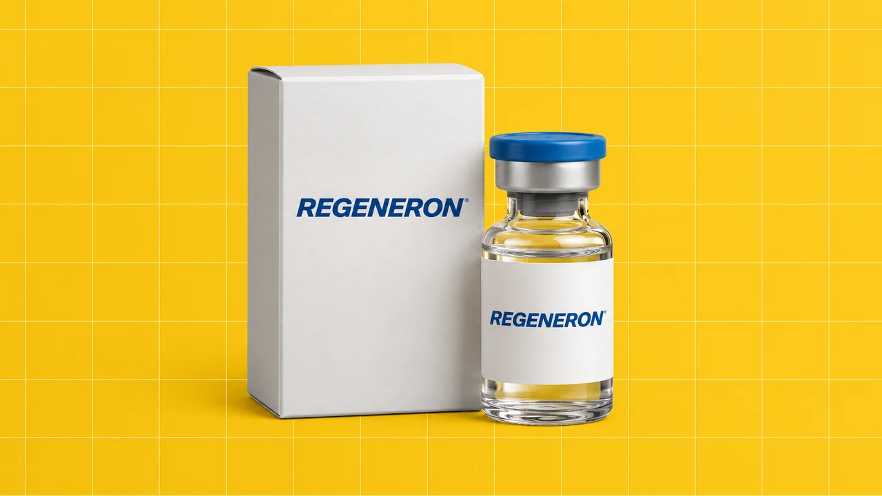 Frasco e embalagem de medicamento com o logótipo Regeneron sobre fundo amarelo quadriculado.