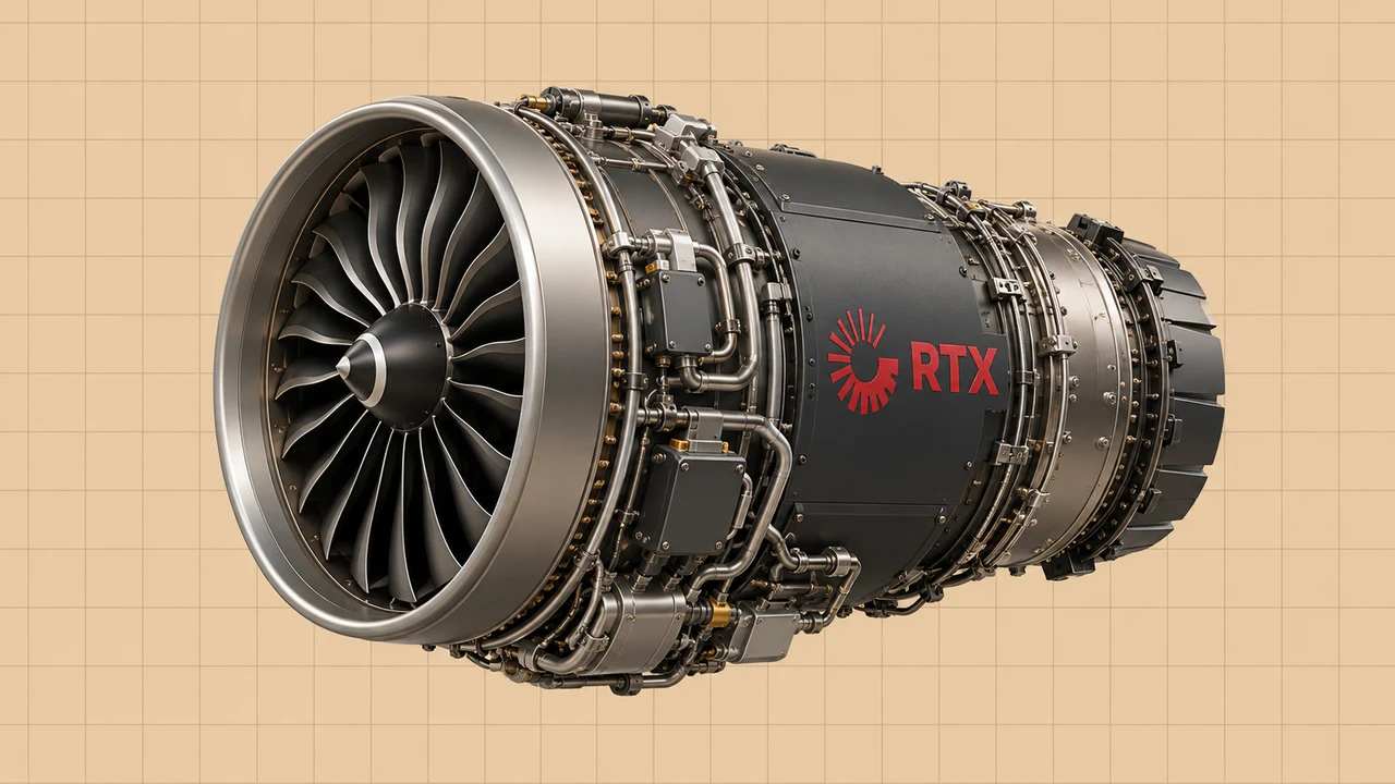 Ilustração editorial 3D: Motor de avião com o logótipo RTX sobre grelha bege.