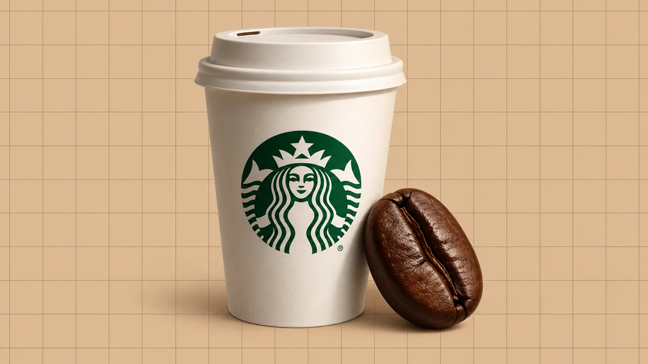 Ilustração editorial 3D: Copo com o logótipo da Starbucks e grão de café sobre grelha bege.